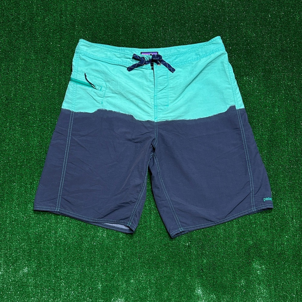 Patagonia Board Shorts Mens 35 Teal Navy Blue Colorblock Swim Trunks Nylon